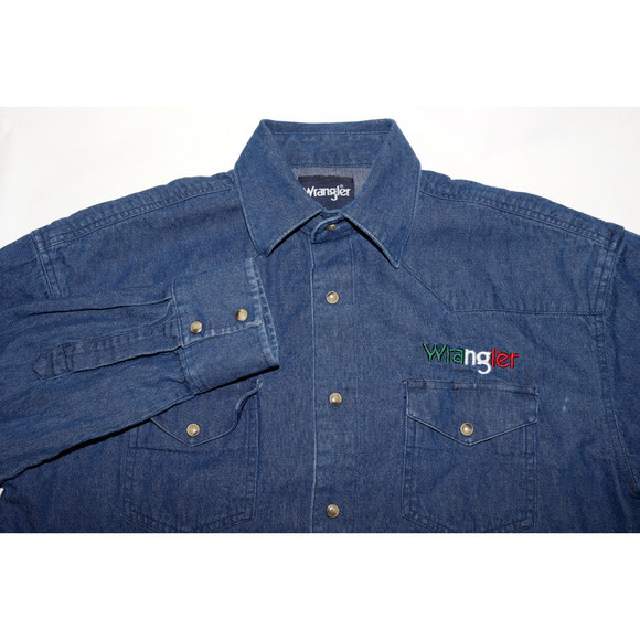 Wrangler Men's Long Sleeve Button Front Western Denim Spellout Shirt Size Medium - Picture 2 of 10